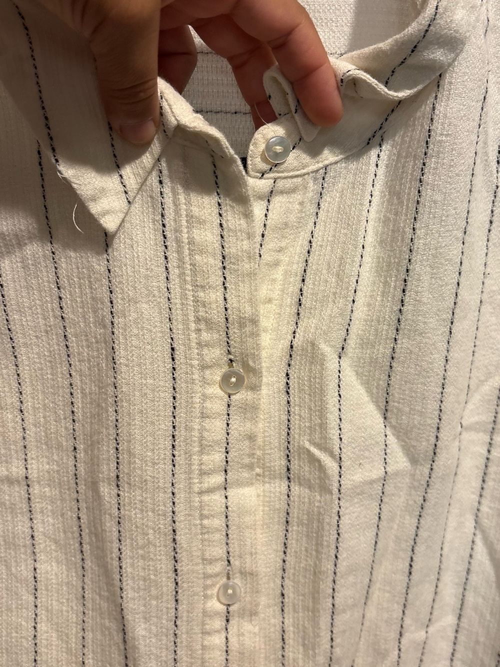 Eileen Fisher Cream Button-Front Shirt with Navy Stripes - Picture 2 of 9